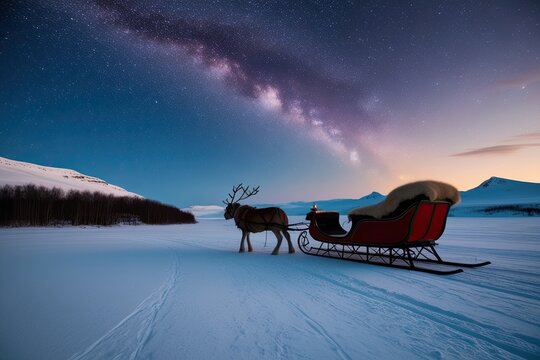 Stunning Arctic Scenery with Bright Stars and Joyful Sleigh at Winter Twilight
