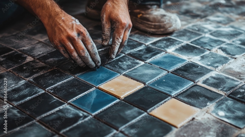 Aufkleber hands of a tiler applying adhesive to the back of a ceramic tile before placing it on the floor in a