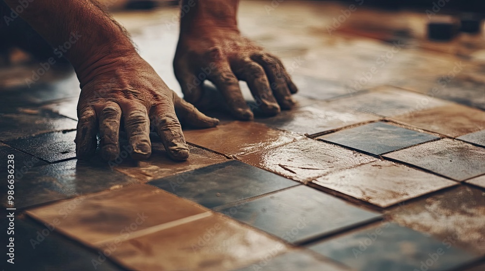 Poster hands of a tiler applying adhesive to the back of a ceramic tile before placing it on the floor in a