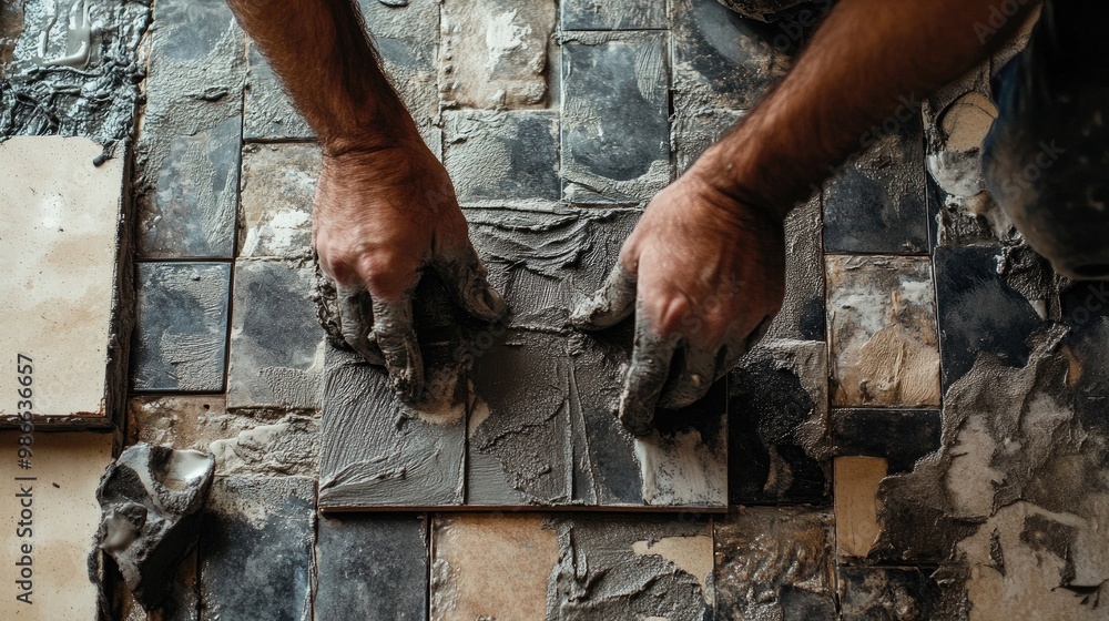 Poster hands of a tiler applying adhesive to the back of a ceramic tile before placing it on the floor in a