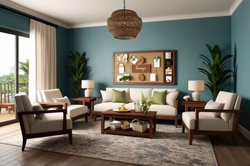 Customizable Board in Tranquil Lounge Environment 3D Visualization of Furniture and Decor
