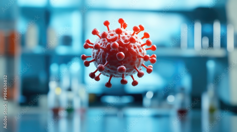Poster image of a virus model of the monkeypox pathogen floating in midair, showcasing its structure. blurr