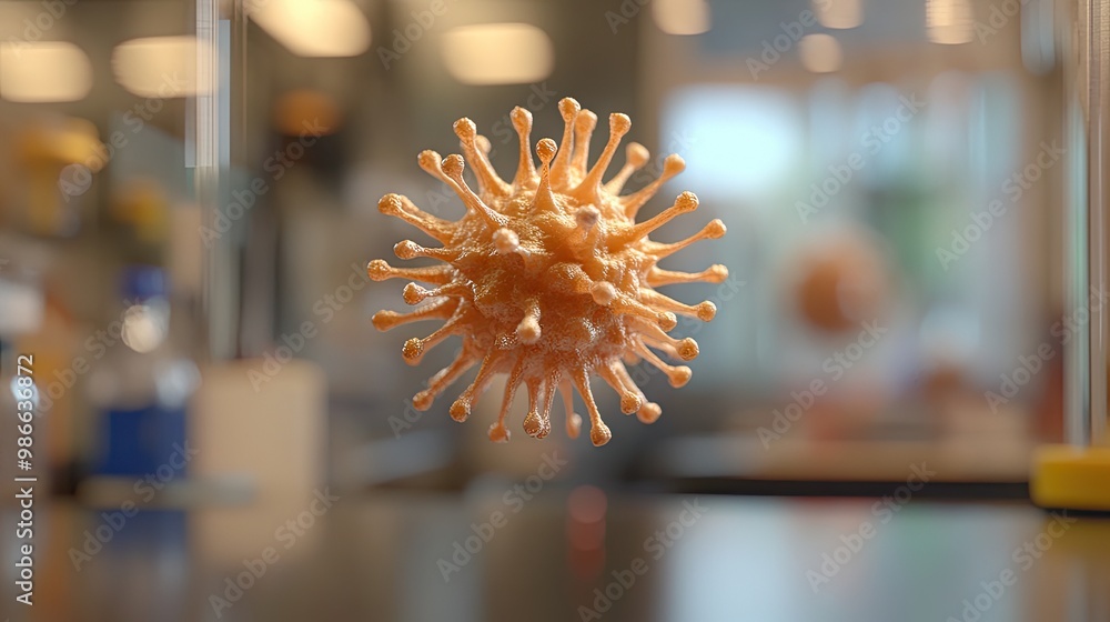 Poster image of a virus model of the monkeypox pathogen floating in midair, showcasing its structure. blurr