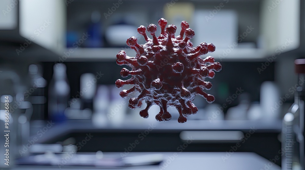 Poster image of a virus model of the monkeypox pathogen floating in midair, showcasing its structure. blurr
