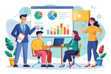 A team engages in a business training session, discussing strategies with charts and data on display, Business training with flat illustrations for presenting charts and reports.