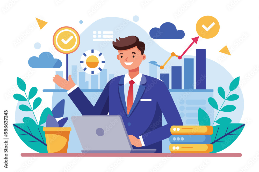 Aufkleber a businessman is engaged in analyzing business strategies while using a laptop and presenting graphs