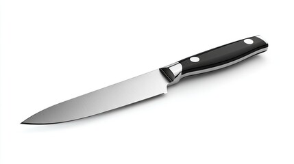 Modern, large kitchen knife isolated on a white background, with its shiny blade and well-designed handle in full view.