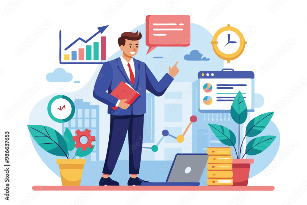 Poster a businessman marks off trending items on a clipboard while analyzing data in an office environment,