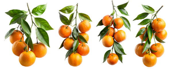 Set of Bitter oranges on twig with green leaves isolated on white transparent background, cut out png element.