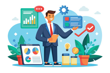 Fototapeta premium A businessman checks off trending items on a tablet while surrounded by visual data in a bright office, Businessman checking off trending items on a flat illustration.
