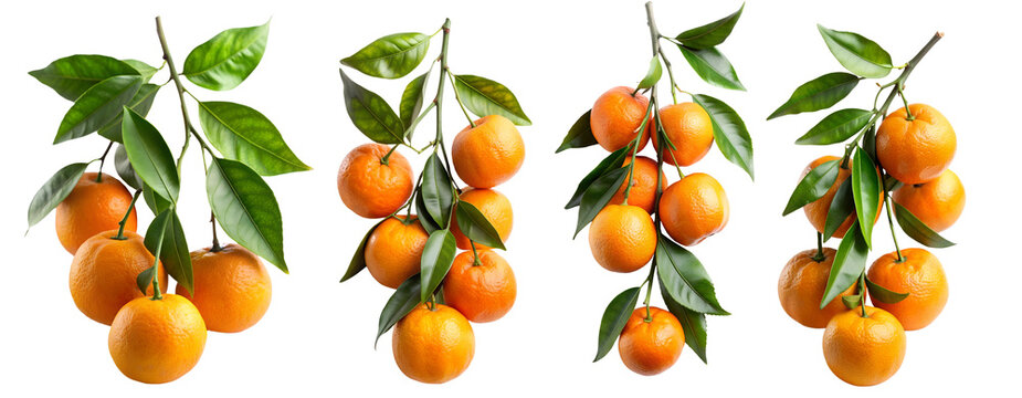 Set of Bitter oranges on twig with green leaves isolated on white transparent background, cut out png element.