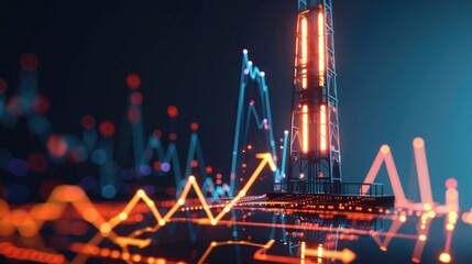 Glowing oil pump jack with digital graphs of oil prices on a dark background. oil industry and financial analysis