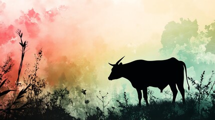 Silhouette of a bull standing in a field with watercolor background. Art print for home decor.