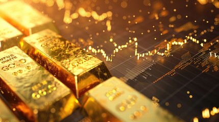 Stack of gold bars with stock market chart in the background.