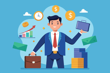 Naklejka premium A businessman confidently handles finances, showcasing charts, cash, and a briefcase in a vibrant office, Businessman handling finances, simple illustration