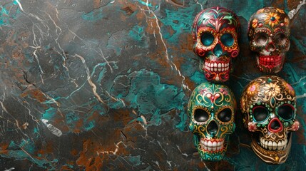 colorful sugar skulls with intricate designs. Mexican culture and the Day of the Dead