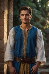 Young medieval peasant stands confidently in a lush garden, wearing a vibrant blue tunic and a leather belt, showcasing daily life.