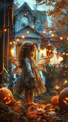 Naklejka premium Little girl in witch costume standing in front of a decorated house.