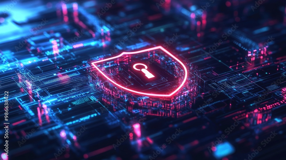 Poster personal data security system visualized with a virtual lock and shield icon, symbolizing the protec