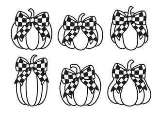 Set of outlined fall and Thanksgiving pumpkin drawings with plaids and checkered bows vector illustration.
