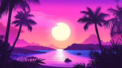 Vibrant Sunset Landscape with Palm Trees and Pink Sky