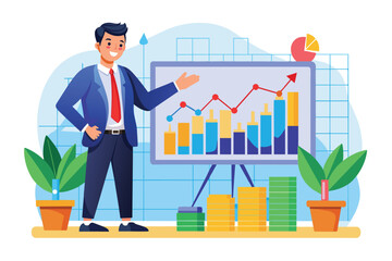 A businessman explains the stock market trends using a graph, highlighting progress in a bright office, Businessman presenting stock market graph illustration.