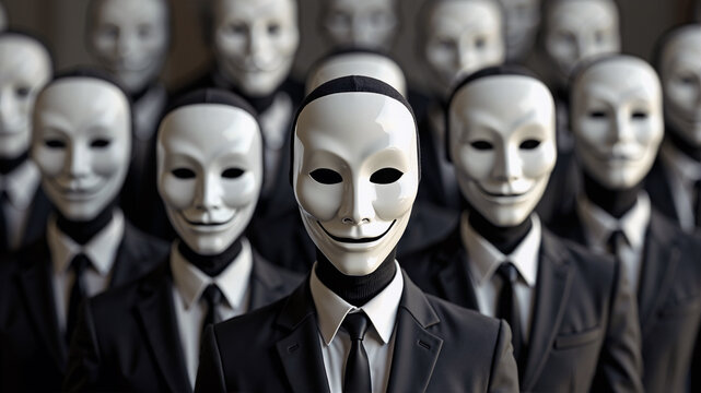 A group of identical masked figures embodying anonymity and societal conformity.