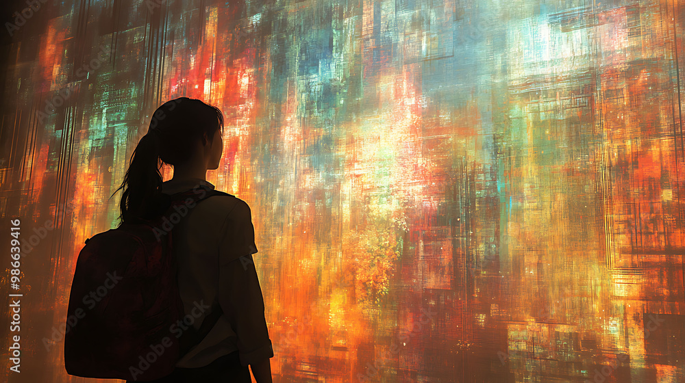 Poster ar art installation where interactive digital murals come life with visitor movement blending abstra