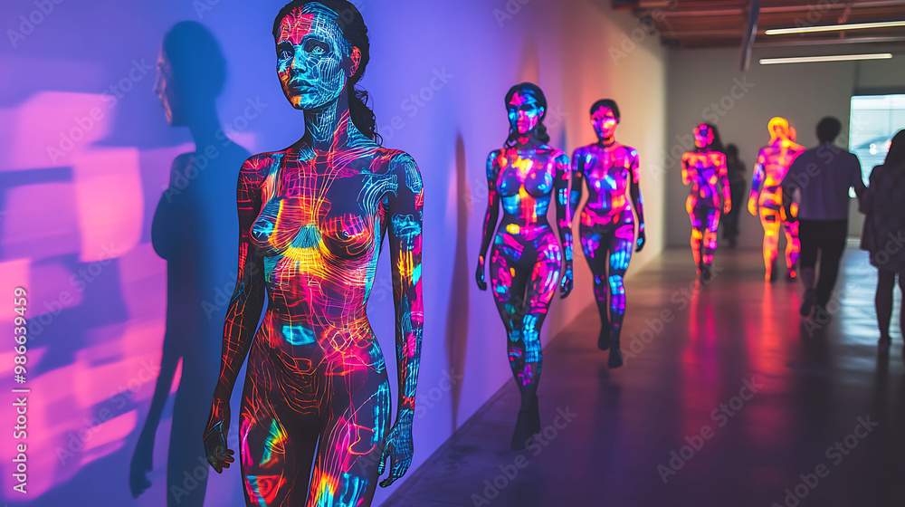 Poster ar art installation where viewers can interact digital shadows cast by real sculptures blurring the 