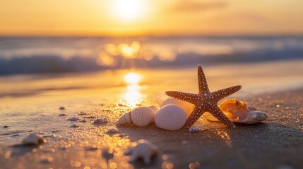 Fototapeta na wymiar Starfish and seashells lying peacefully on the sun-drenched beach, with the ocean's edge softly blending into the golden horizon.