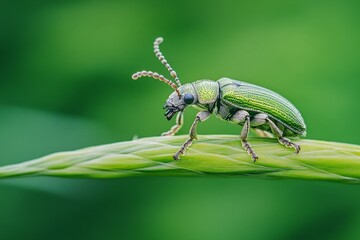 Fototapeta premium Silver green leaf weevil beetle on grass stem a close up of nature s intricate beauty