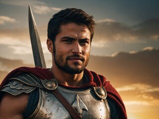 A young Spartan warrior stands confidently against a stunning sunset, showcasing his armor and determination for battle.