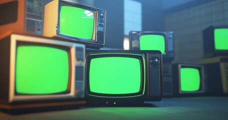 3d rendered set of old tv monitors in old room vintage tvs with green screen footage picture chroma key effect old televisions blue neon lighting retrospect composition graphic multimedia design