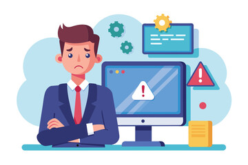 A businessman shows frustration due to a network error while trying to solve a computer issue at work, Businessman's computer has network error, flat illustration.
