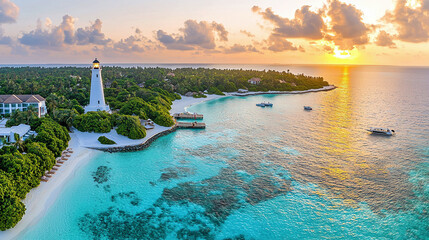 Fototapeta premium a stunning aerial view of a Maldives lighthouse resort at golden hour