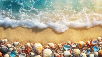 Obraz premium Sun-kissed beach filled with colorful shells, starfish, and small pebbles, the waves softly crashing onto the shore under the warm sunlight.