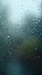 Fototapeta premium A calming abstract wallpaper showcasing blurred raindrops on a window, with a softly blurred cityscape in the background, creating a serene atmosphere