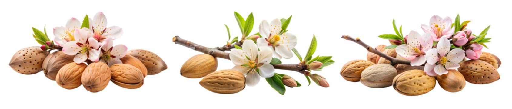 Set of almond nuts with twigs of almond blossom flowers. Peeled and unpeeled almond nuts in shell with blossoming twigs isolated on white transparent background, cut out png element.