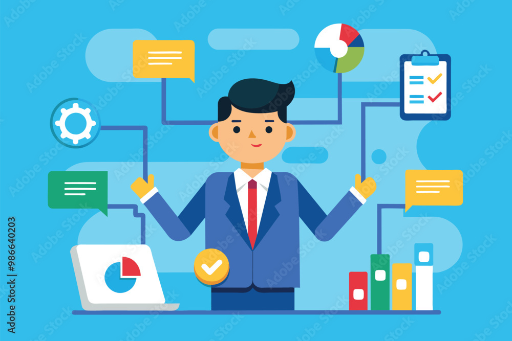 Poster a businessman uses flowcharts and data visuals to analyze information effectively in a digital setti