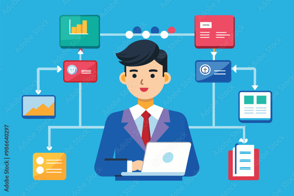 Poster a businessman actively works with flowcharts and data visuals while seated at his desk in an office,