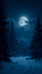 Naklejka premium A dark minimalistic scene featuring a moonlit snowy landscape, creating a serene and tranquil atmosphere, with soft shadows and a tranquil ambiance