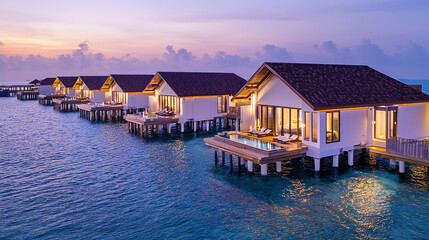 Obraz premium luxury water bungalows stretching into the Laccadive Sea at sunset