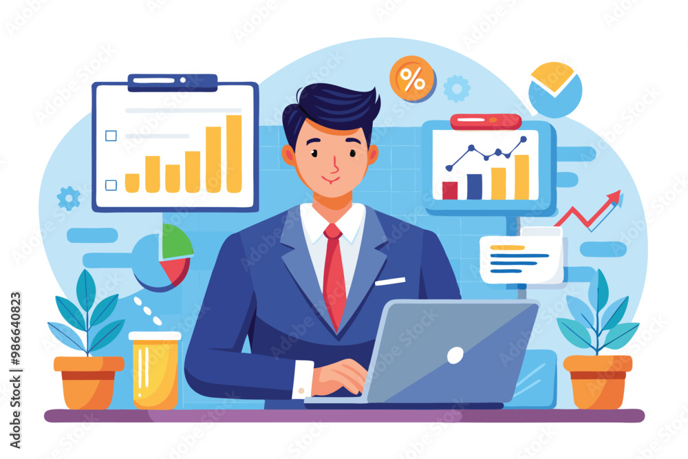 Poster a businessman is using a tablet and a computer to analyze data in a modern office environment, busin