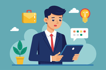 A businessman in a suit looks thoughtfully at his tablet, engaging with trending notifications during work, Businessman using tablet with trending notification, simple illustration.