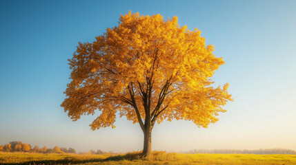 Fototapeta premium Sunlit golden tree in field during autumn under blue sky