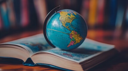 A small Earth globe lies on an open book with geographical maps, geography, travel, planet, continents, oceans