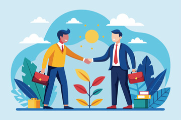 Two businessmen in suits shake hands, marking their agreement to form a cooperative partnership outdoors, Businessmen agree to partner up for a cooperative project, illustrated in a flat style.