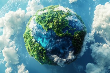 Fototapeta premium Earth Globe with Green Lush Vegetation and Clouds, Environmental Concept