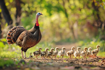 Turkey with Babies Walking Along a Forest Path in Their Natural Habitat During Thanksgiving Season in the Wild