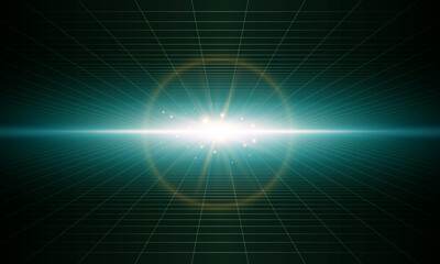 Shining light checkered grid planes in dark perspective . Retro futuristic depth wallpaper. Arcade game sci fi matrix surface backdrop for poster, banner